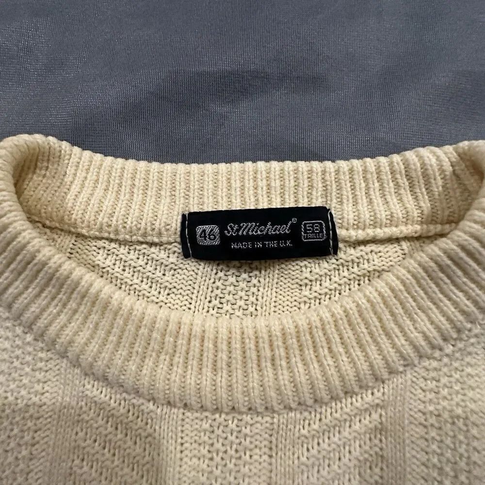 Vintage 80s St Michael Cable Knit Sweater Mens 46 Yellow Made in UK Herringbone - Picture 6 of 9